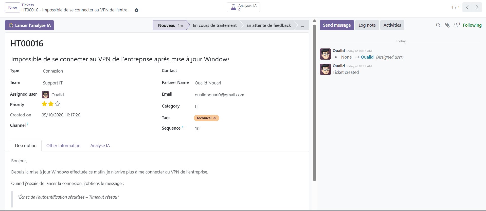 Formulaire ticket Odoo avec bouton d'analyse IA et onglet Analyse IA